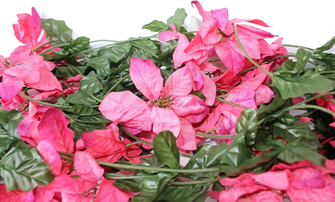 Set of 2 Sparkling Christmas or Wedding Garlands with Artificial Poinsettia Flowers - 5 Foot X 2, 10 Total!! (Multi-Pink Velvet)