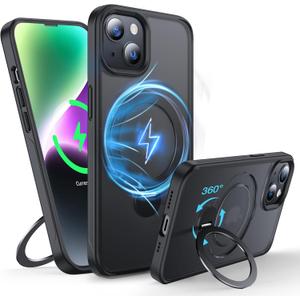 360Rotatable Magnetic Ring for iPhone 14 Plus Case/iPhone 15 Plus Case Compatible with MagSafe [Non-Slip Texture][Built-in Kickstand][Military Shockproof] Translucent Matte Silicone Slim,Black