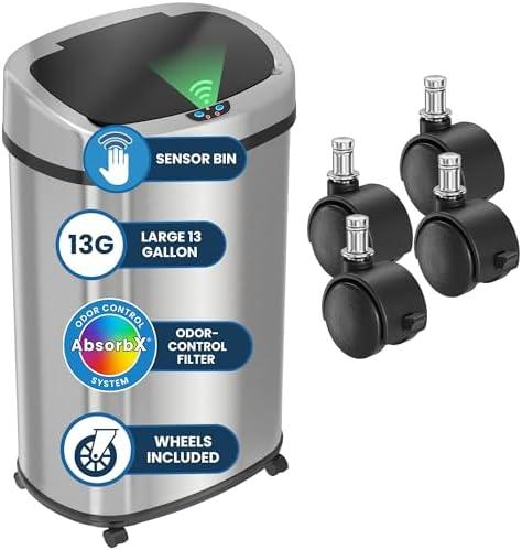 iTouchless 13 Gallon / 50 Liter Sensor Trash Can with Wheels | Odor Filter | Automatic Kitchen Garbage Bin | Slim Oval Shape | Fingerprint-Proof Stainless Steel | Hands-Free Motion Lid | Brushed Silver