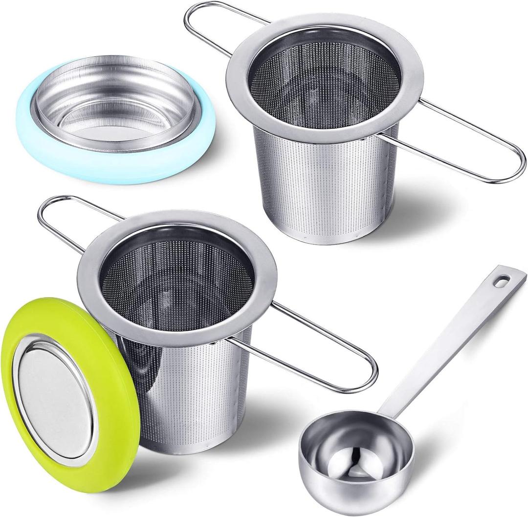 2 Pieces Tea Infusers with Scoop Stainless Steel Strainer Folding Handle Filter Fine Mesh Strainer Brewing Basket with Silicone Lid for Loose Leaf Tea