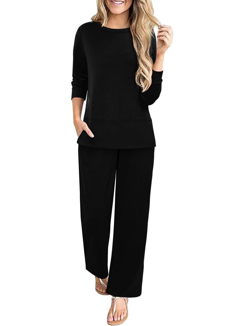 KISSMODA Womens Two Piece Long Sets 2025 Sweatsuit Outfits Tracksuits Long Sleeve Crewneck Side Slit Tops and Pants Lounge Set Black, Large