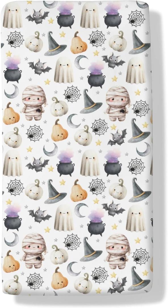 Happy Halloween Baby Crib Sheets Cute Spooky Pumpkin Bat Fitted Crib Mattress Cover Witch Moon Star Toddler Baby Sheet for Standard Crib 28x52in (One size)