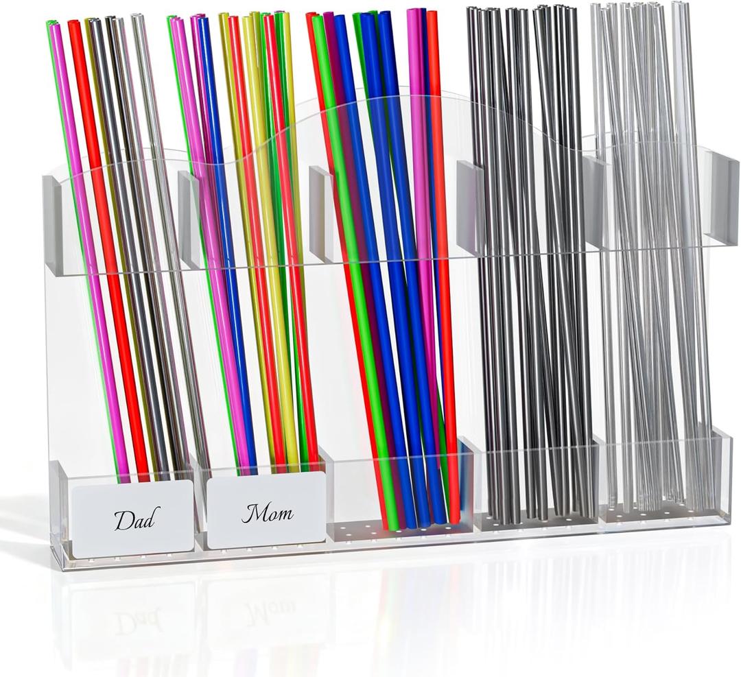 FOOGWEE 9.8" Acrylic Straw Holder for Cabinet Door - Straw Organizer with Ultra-Sticky Adhesive, Kitchen & RV Essensials, 5-Compartment Storage for Reusable Straws & Brushes, Colored Pencils, Markers (Clear)