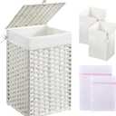 Greenstell Laundry Hamper with Lid, 60L Clothes Hamper with 2 Removable Liner Bags & 2 Mesh Bags, Handwoven Synthetic Rattan Basket, Toys in Bathroom, Bedroom White (60L (13.4 x 13.4 x 21.7 inches))