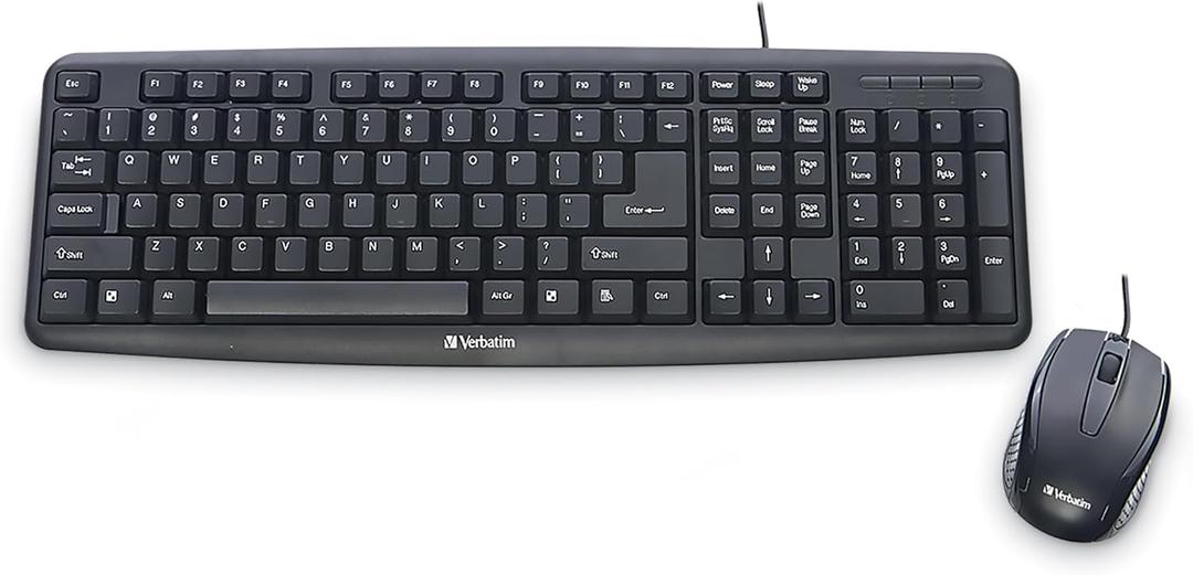 Verbatim Slimline Wired Keyboard and Mouse Combo USB Plug-and-Play Numeric Keypad Adjustable Tilt Legs Optical Corded Mouse Full-Size Computer Keyboard Compatible with PC, Laptop - FFP Packaging Black