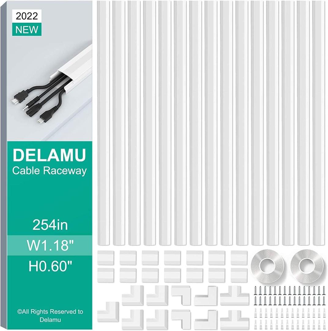 Delamu Cord Hider, 254in Cable Hider Cord Covers for Wires on Wall, Wire Covers for Cords, Wire Hiders for TV on Wall, TV Cord Hider for Wall Mounted TV, Cable Management, 15x L16.9 W1.18 H0.6in (White)