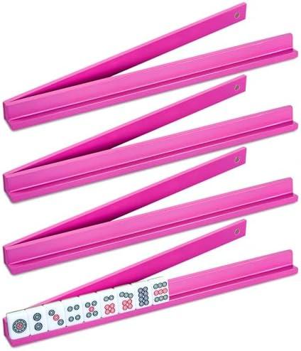 Soulchen 4 Sets Mini Wooden Mahjong Racks with Magnetic （Without the Exposure‑Tile） 14.9’ Pushers Mahjong Tile Rack Set Mahjongs Holders for Dominoes with Built-in Pushers Mahjongs(Rose Red)