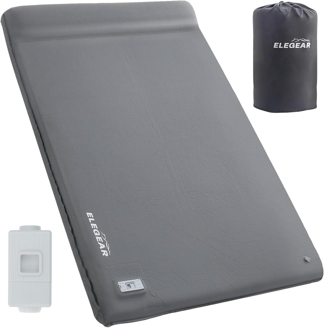 Elegear Self Inflating Sleeping Pad, Built-in Electric Pump 3.1" Ultra-Thick Memory Foam Camping Mattress Pad with Pillow Double Sleeping Pad for Camping R-Value 9.5 Foam Camp Pad for Car/Traveling (Full, Grey+pump)