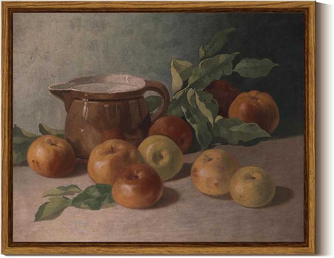 InSimSea Framed Canvas Wall Art Vintage Aesthetic Room Decor, Harvest Apples Still Life Oil Painting Artwork Abstract Wall Pictures Prints, Farmhouse Fruit Shelf Decor Bedroom Kitchen 8x10in