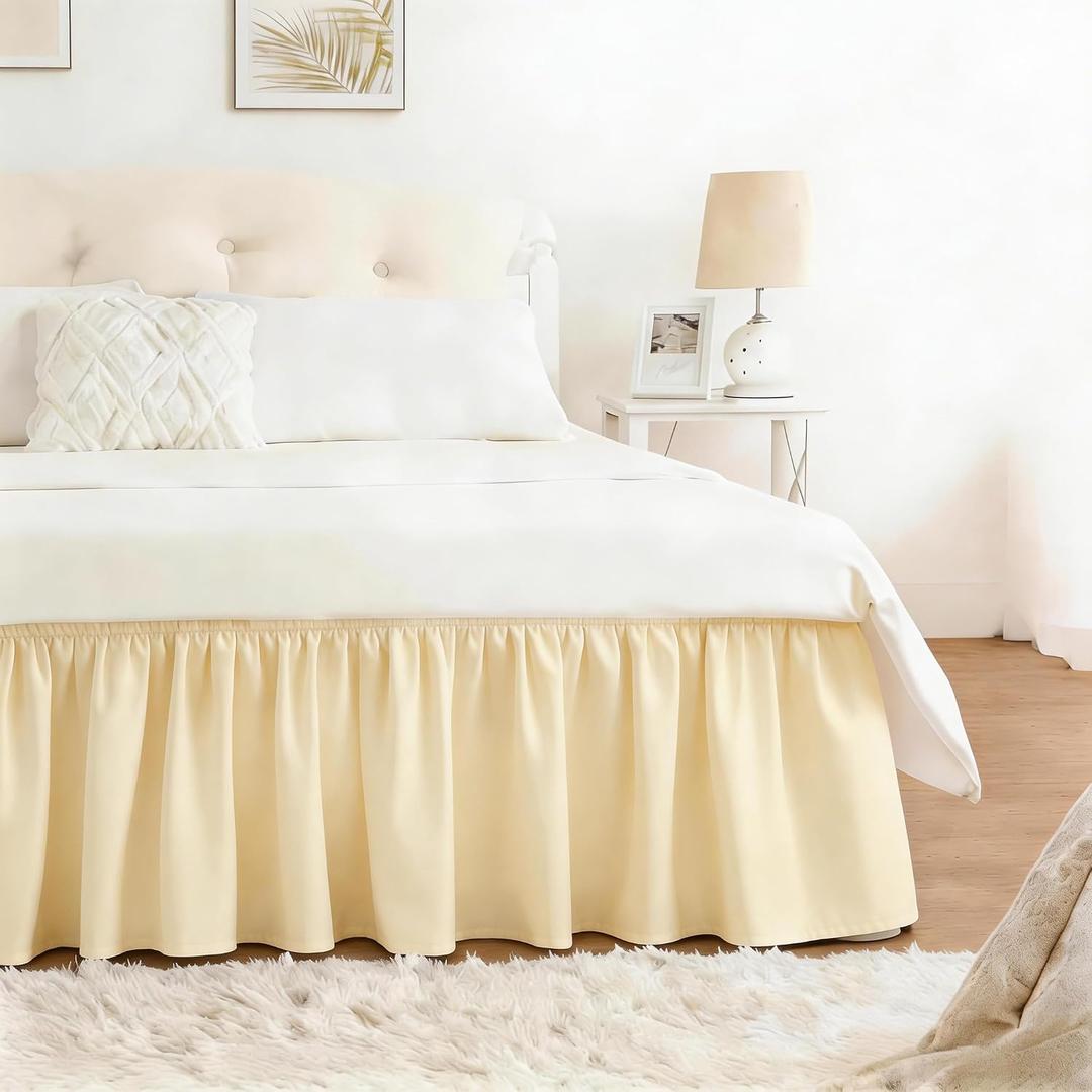 RIMELA Cream Yellow Bed Skirt King Size 18 Inch Drop, Wrap Around Elastic Bedskirt, Dust Ruffle for Adjustable Bed Base Machine Washable Easy to Install Bed Skirts
