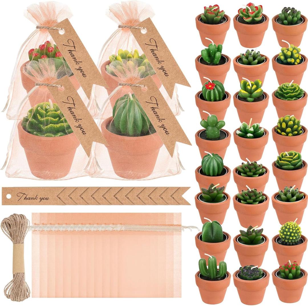 MTLEE 24 Pcs Succulent Tealight Candles - Bulk Party & Baby Shower Pack with Terracotta Pot, Organza Bag, Tags, Twine