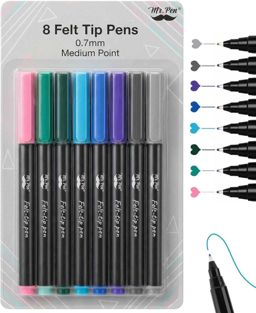 Mr. Pen- Felt Tip Pens, 8 Pack, 0.7mm Colorful Felt Pens, No Smear, Quick Dry (Vibrant Mosaic)