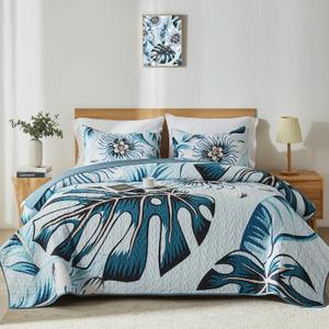 Yogeneg King Quilt Bedding Set,White Green Botanical Pattern Light Blue King/Cal King Quilt Set,3 Piece Lightweight Soft Summer Bedspread Coverlet with 2 PIillow Shams,All Season(Light Blue,110"x96")