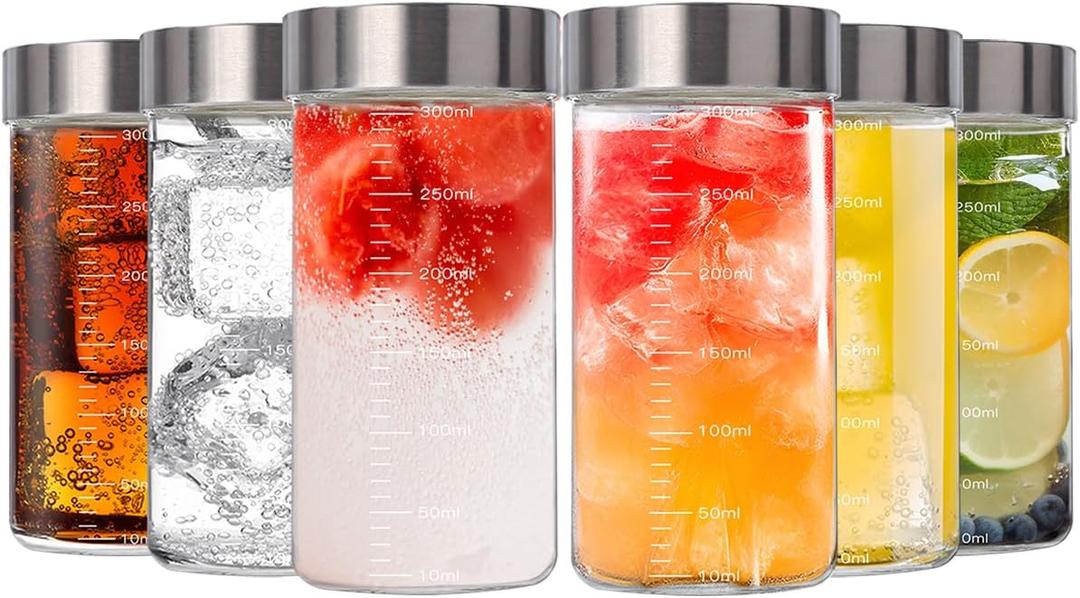 Danmu Glass Juice Bottles with Lids 10oz,Juicing Bottles Reusable 100% Leakproof for Juicing,Water,Kombucha,Milk,Milkshake,Coffee,Borosilicate Glass,6 Pack,Dishwasher Safe,Microwave Safe