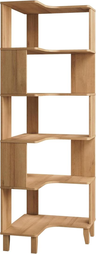 Prepac Nordik 6-Tier Natural Oak Modern Mid Century Corner Bookcase, 71.5" Extra Tall Corner Shelf with Storage, Multifunctional Freestanding Bookshelf for Home Office, Living Room, Bedroom