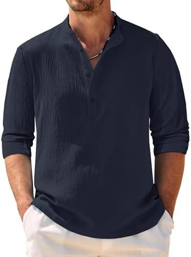COOFANDY Men Button Collar Henley Shirt Summer Resort Wear Tee Shirt Fashion Beach T-Shirt Navy Blue, Large