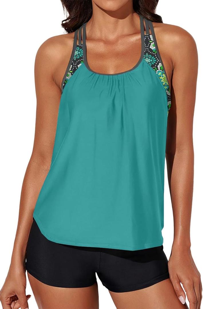 Aleumdr Womens Blouson Striped Printed Push up Strappy T-Back Tankini Top with Shorts (XX-Large, Green Floral)