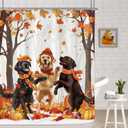 AMBZEK Fall Dog Shower Curtain 60Wx72L Inch Autumn Maple Trees Leaves Pumpkin Cartoon Lovely Puppy Funny Pets Lovers Artwork Cloth Fabric Waterproof Polyester Bathroom Decor Set with 12 Pack Hooks