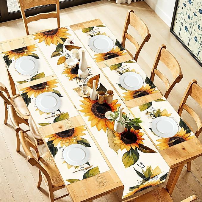ANNA QUEEN Sunflower Table Runner and Placemats Set of 6, 13"x72" Table Runner with 12"x18" Placemats, Rustic Farmhouse Dining Table Decor for 4 to 6 People, Yellow Floral Fall Kitchen Decoration
