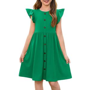 Haloumoning Girls Dress Kids Flutter Sleeve A-Line Button Down Sundress Casual Midi Dresses 5-14 Years Green