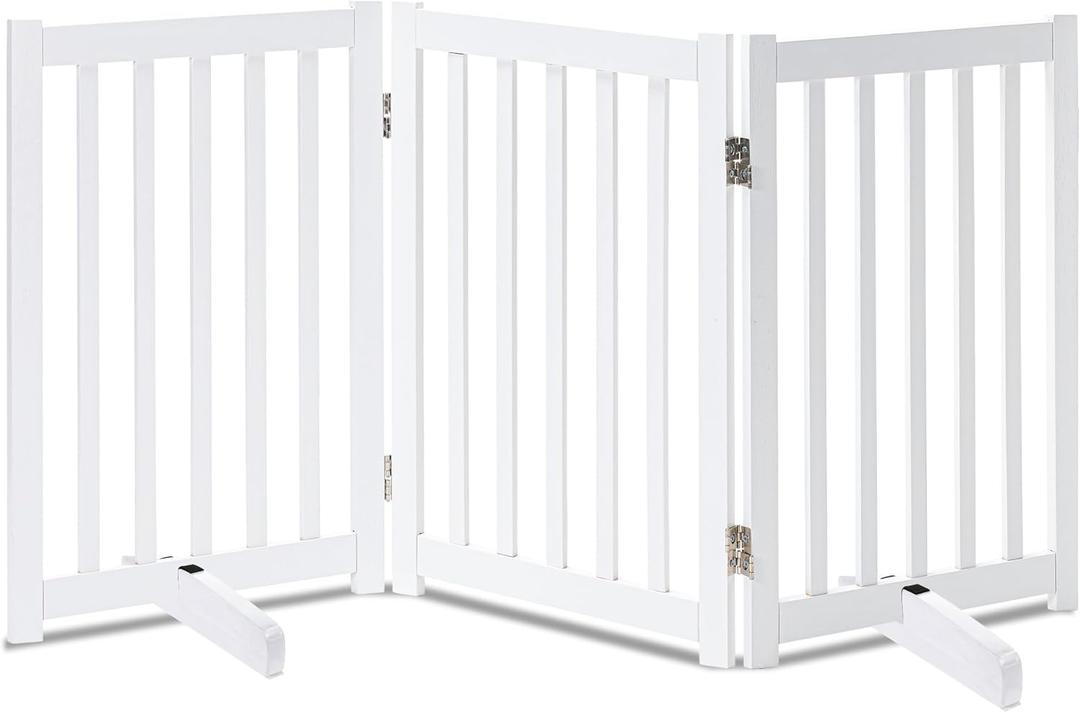 LZRS Freestanding Dog Gate 30 inch Tall - 3 Panels Solid Wooden Pet Gate for Doorways, Stairs & Hallways, Expandable & Foldable with Support FeetIndoor Use,White