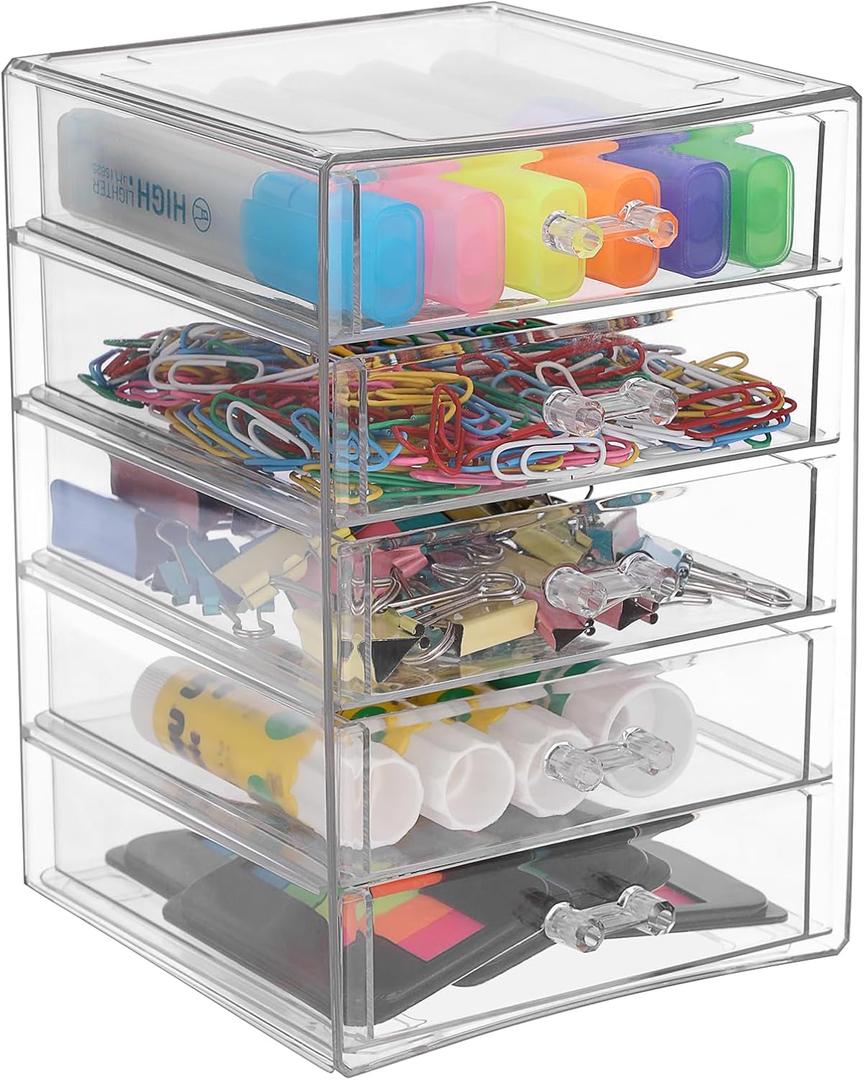 BTSKY Clear Acrylic Storage Organizer with Drawers, 5-Layer Desktop Organizer for Office Essentials, Multi-Purpose Stackable Container for Bathroom Vanity, Desk Makeup Jewelry Container Storage Box
