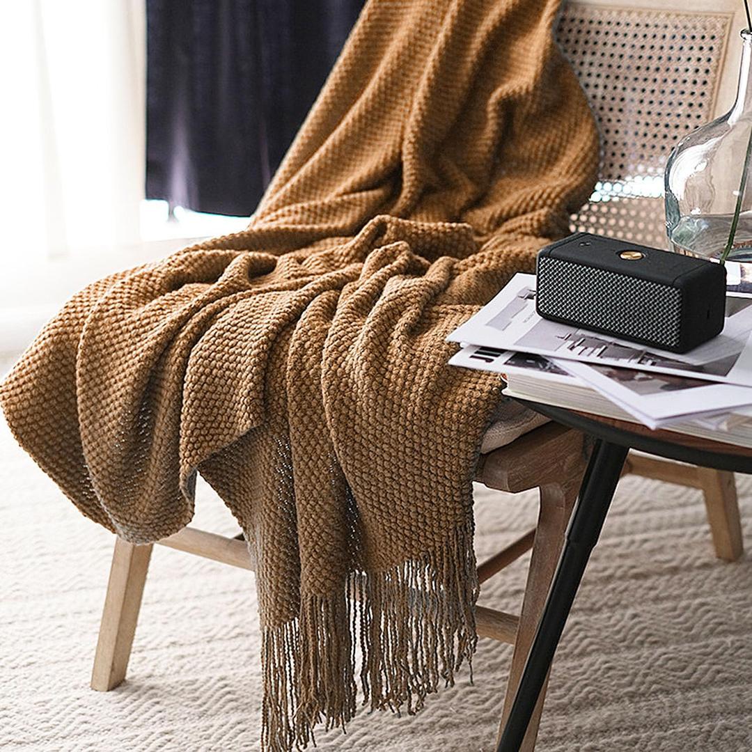 LOMAO Knitted Throw Blanket with Tassels Bubble Textured Lightweight Throws for Couch Cover Home Decor (Khaki, 60x90)