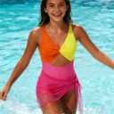 Funnycokid Girls One Piece Swimsuit Color Block Teen Bathing Suit with Pad Cover Up Skirt (7-16Y)