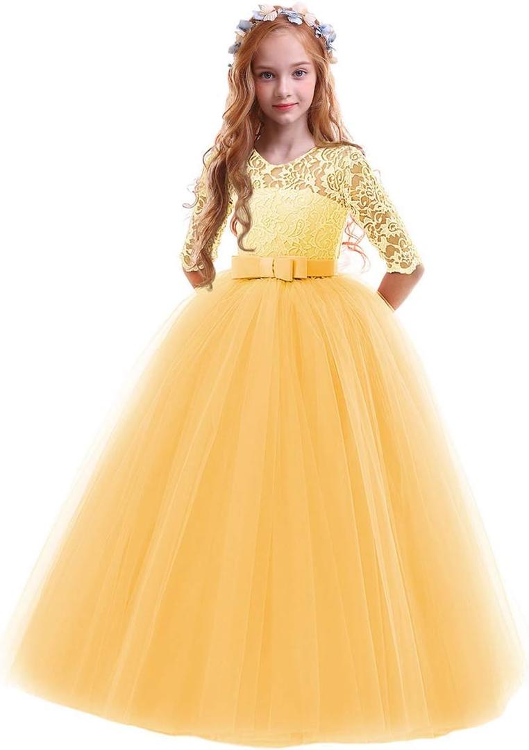 Girls Flower Vintage Floral Lace 3/4 Sleeves Floor Length Dress Wedding Party Evening Formal Pegeant Dance Gown (Yellow, 3-4T)