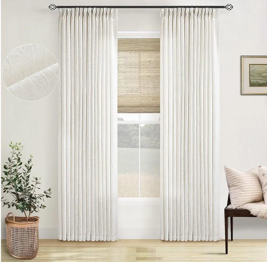 Pinch Pleated Linen Curtains 96 Inches Long for Living Room 2 Panel Set Cream Ivory Light Filtering Pinch Pleat Hooks Rings Back Tab Neutral Boho Farmhouse 96 Inch Curtain Drapes for Bedroom Window