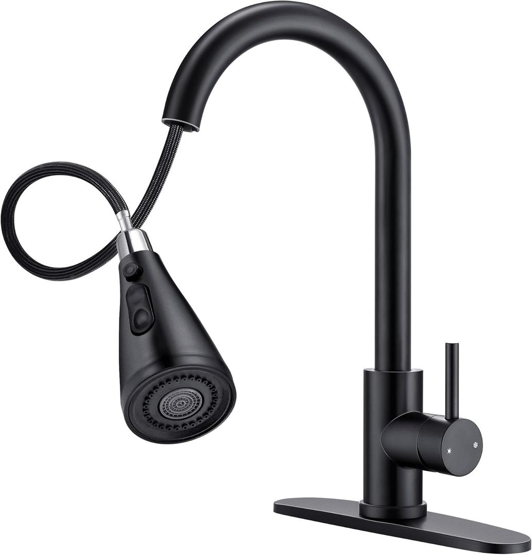 Modern Kitchen Faucets with 3 Modes and Pull Down Sprayer, Matte Black Stainless Steel High Arc Single Handle 360 Swivel Kitchen Sink Faucets 1 or 3 Hole for Farmhouse Laundry Camper Rv Bar
