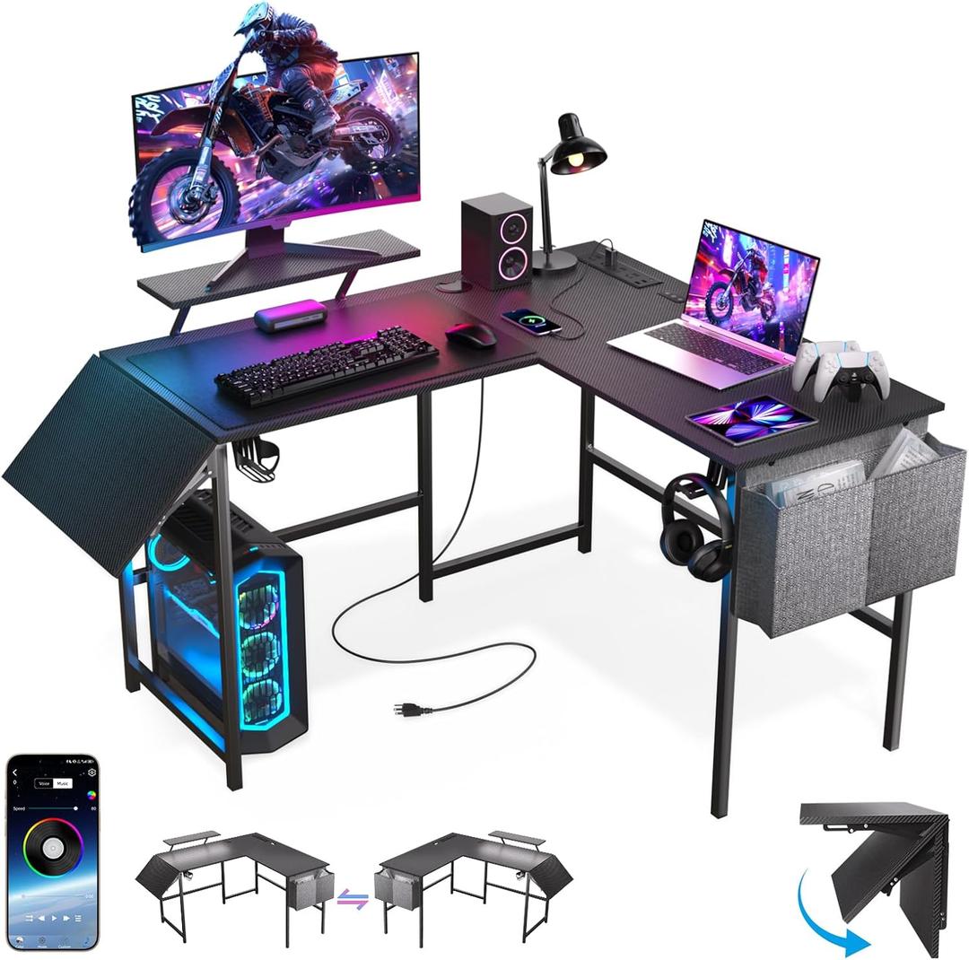L Shaped Gaming Desk with Desk Extender, 47-59in Smart Corner Computer Desk with LED Lights & Power Outlets, Monitor Stand, Storage Bag, for Work, Home Office, Bedroom, Study, Black