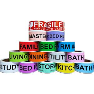 Aegis Adhesives - 1" X 4.5" Home Moving Color Coding Labels (16 Rolls, 50/Roll, 800 Total) 4 Bedroom House + Fragile Stickers - 14 Different Living Spaces + 2 Handle with Care