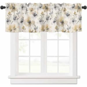 Pinroote Watercolor Flower Valances Window Treatment Farmhouse Decor, Beige Grey Spring Floral Botanical Rod Pocket Valance Curtains for Living Room, Bedroom, Kitchen, 54" W x 18" L - 1 Panel