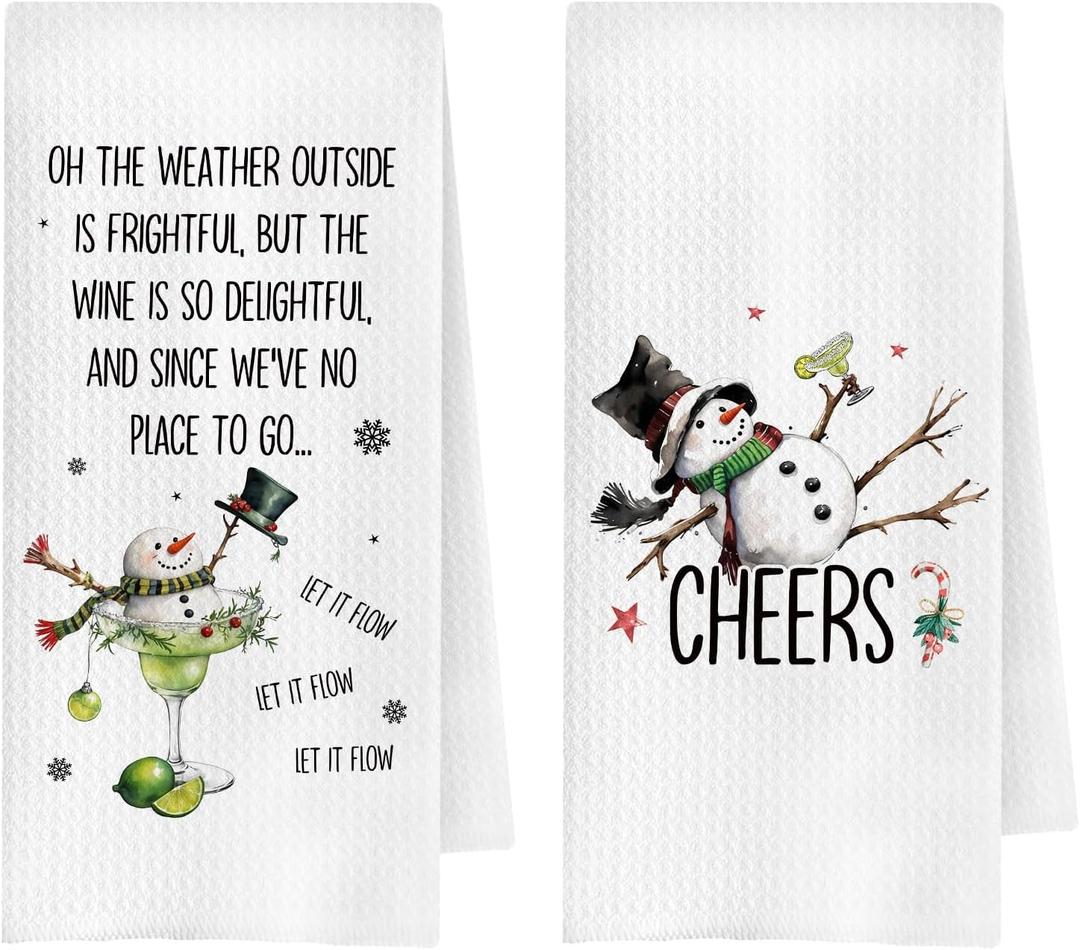 Christmas Snowman Margarita Wine Kitchen Towels, Gifts for Cocktail Wine Lovers Dish Tea Towel for Kitchen, Funny Xmas Snowman Decorative Hand Towels for Bar Cart, 16x24 Inches Set of 2
