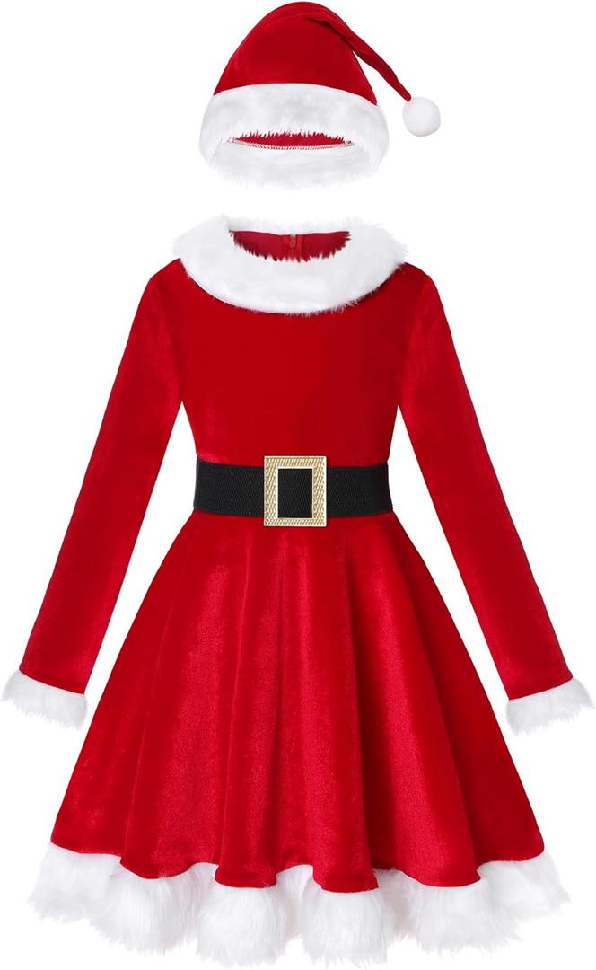 Koatobbor Girls Mrs. Santa Costume Red Dress Christmas Holiday Dress Up Outfits with Hat and Belt (4-5 Years)