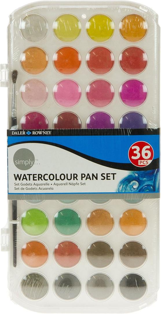 Daler-Rowney Simply Watercolor Pan Set - 36 Pan Travel Watercolor Set for Student Artists of all Ages - Vibrant Smooth Watercolor Paint Set for Canvas Paper and More