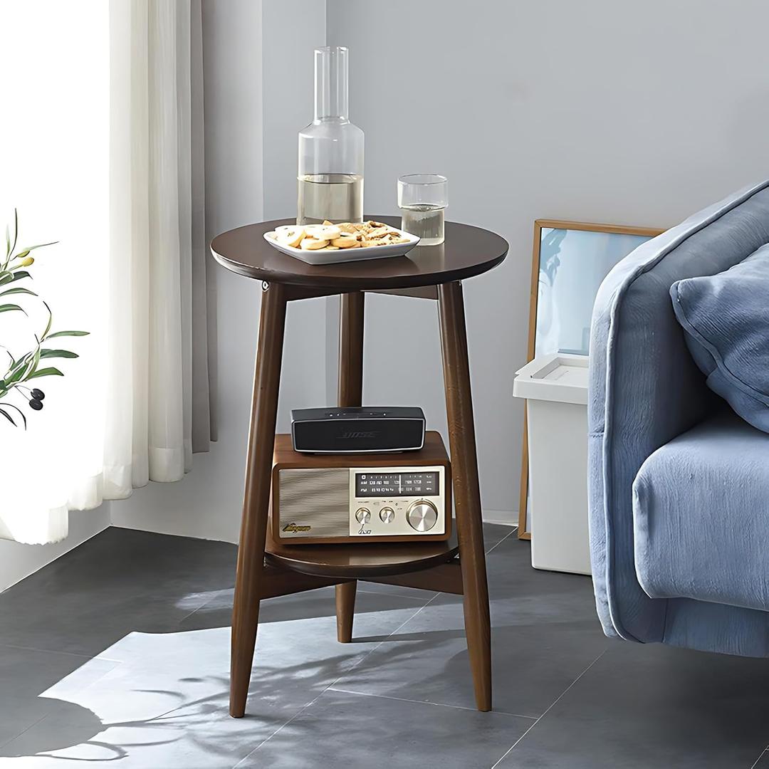 Side Table, Small Round End Table with 2-Tier Shelf, Solid Wood Nightstand for Living Room Bedroom, Mid Century Modern Accent Table for Small Spaces, Walnut 19.49" D x 24.02" H