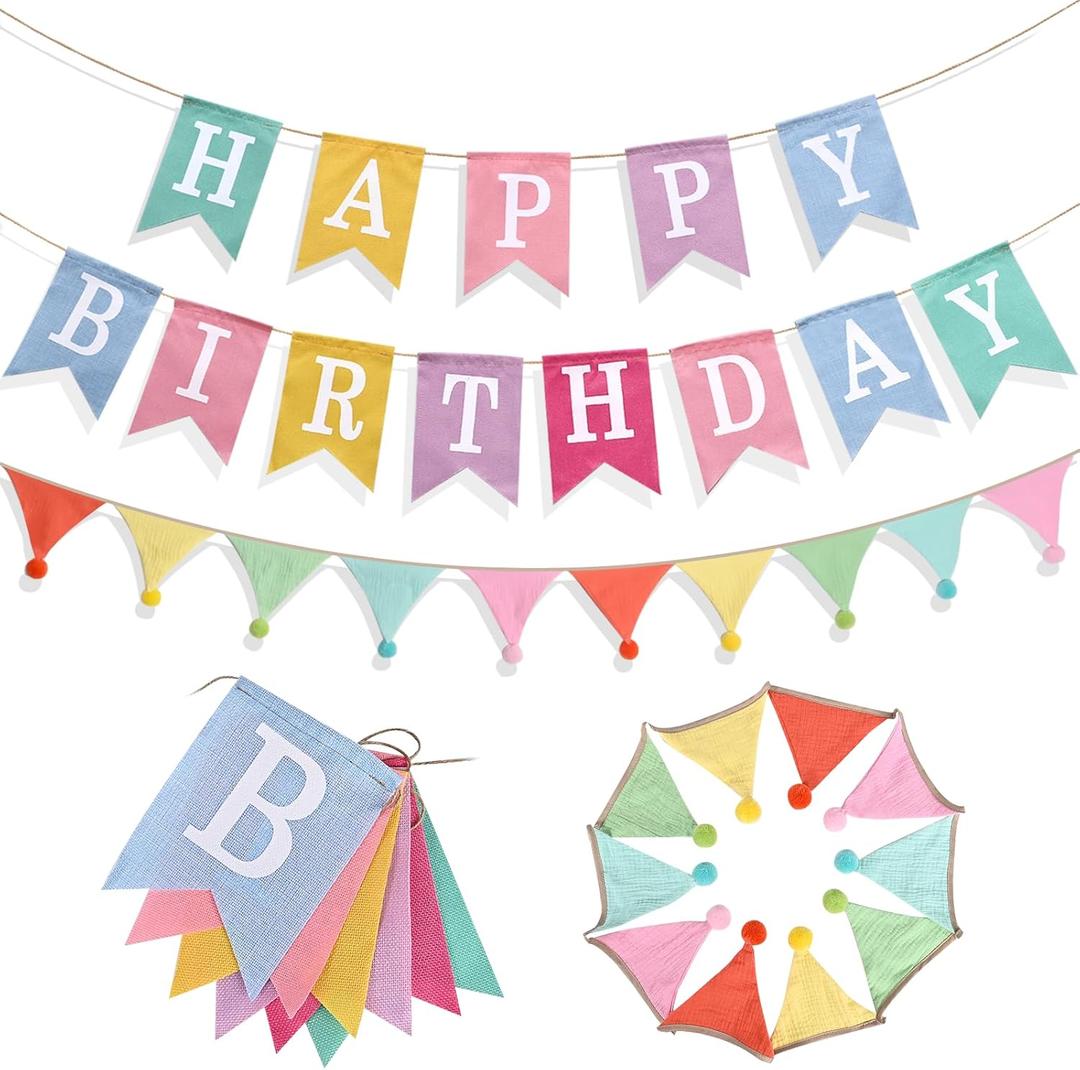 Happy Birthday Banner, Birthday Decorations with Pennant Flags, Colorful Imitated Burlap Birthday Signs with Cotton Crepe Triangle Bunting for Women Girls Boys Kids, Birthdate Party Celebration Backdrops