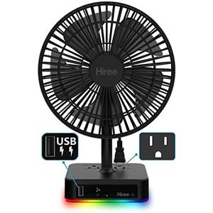 Hiree Desk Fan with USB Charging Port, 6.7 Inch 2 Speeds Small Desktop Table Fan with USB Charger, AC Outlet and LED Light, Strong Wind, Quiet Operation - Suitable for Bedroom, Home, Dorm Room