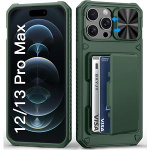 BXYJY for iPhone 12 Pro Max & 13 Pro Max Case with Camera Cover, Card Holder (4-5 Cards), Military Grade Drop, RFID Block, Heavy Duty Women Men Rugged Phone Case for iPhone 12 Pro Max, Green