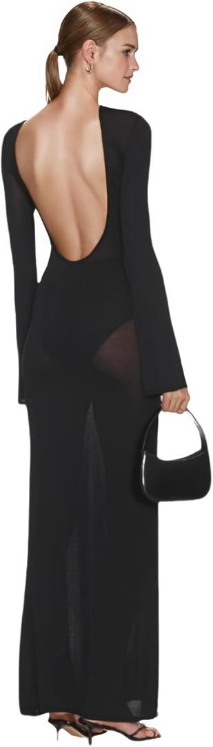 ZGMYC Women's Sexy Backless See Through Maxi Dress Bathing Suit Cover Up Knit Flared Long Sleeve Beach Dress Bikini Coverups (Medium, Black)