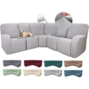 100% Waterproof Sectional Recliner Couch Covers for Reclining Couch L Shaped Corner Sectional Sofa Cover Jacquard Stretch L Shape Recliner Slipcovers (5 Seater Cover, Light Gray)