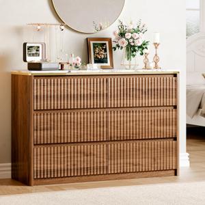 Ieejdn Fluted Dresser for Bedroom with 6 Drawers, 47.2" Modern Chest of Drawers with Faux Marble Top, Curved Profile Design,Dresser TV Stand, Wood Drawer Organizer for Living Room, Hallway, Tan