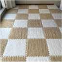12 Pieces Thickened Plush Foam Interlocking Floor Mat,Fluffy Square Foam Tiles with 12 Edgings,Soft Anti-Slip Puzzle Area Rug Playmat for Bedroom,12X12inch,12 Tiles/11.6 Sq.Ft,Camel+White