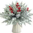 45 Pcs Artificial Christmas Snow Pine Branches with Red Berry Stems, Snowy Faux Greenery Norfolk Pine Cypress Leaves Stems, Berries White Frosted Fake Foliage Pines Needle Picks for Garland Home Decor