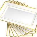 FOCUSLINE 8 PCS Plastic Serving Trays, White and Gold Rim Plastic Serving Platters, Disposable Tray for Food, Perfect for Wedding Parties