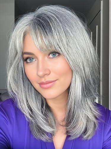 TISHINING Grey Wigs for White Women Medium Length Layered Silver Gray Wavy Wig with Bangs Natural Looking Heat Synthetic Side Part Salt and Pepper Wigs for Women