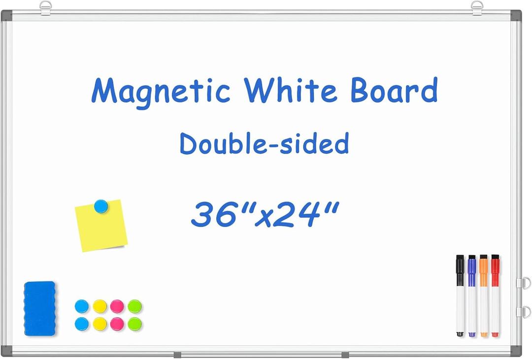 WALGLASS Magnetic White Board, 36" x 24" Double-Sides Dry Erase White Board for wall, Hanging or Mounted Whiteboard, Horizontal or Vertical, Silver Aluminium Frame, Home, School, Office, Kitchen (White 1-pack)