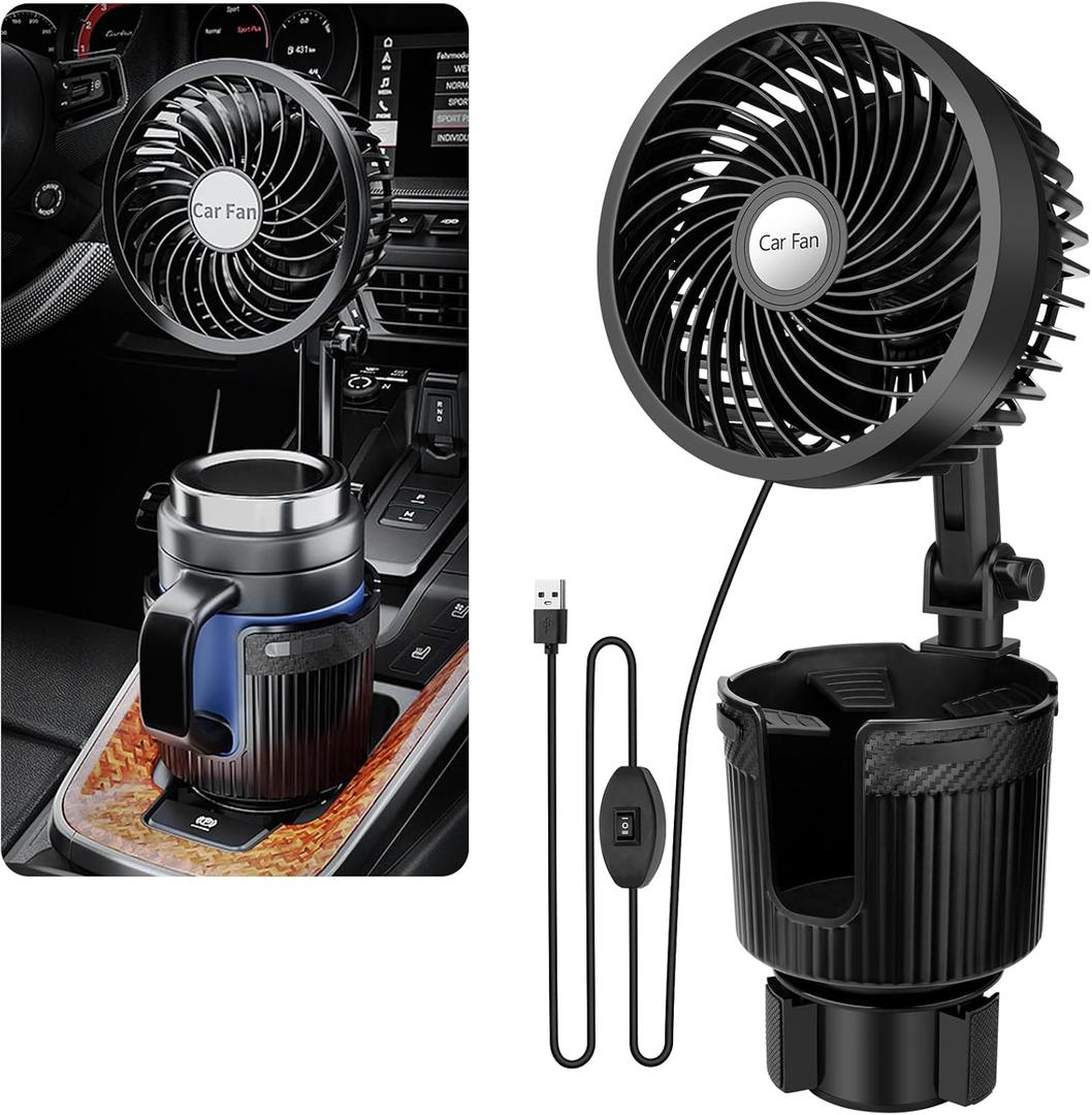 2 in 1 USB Fan Cup Holder Expander, 6Inch Portable Vehicle Cooling Fan, 360 Degree Rotatable, 2 Speed, USB Powered for Car, Vehicle, SUV, RV, Truck, Office